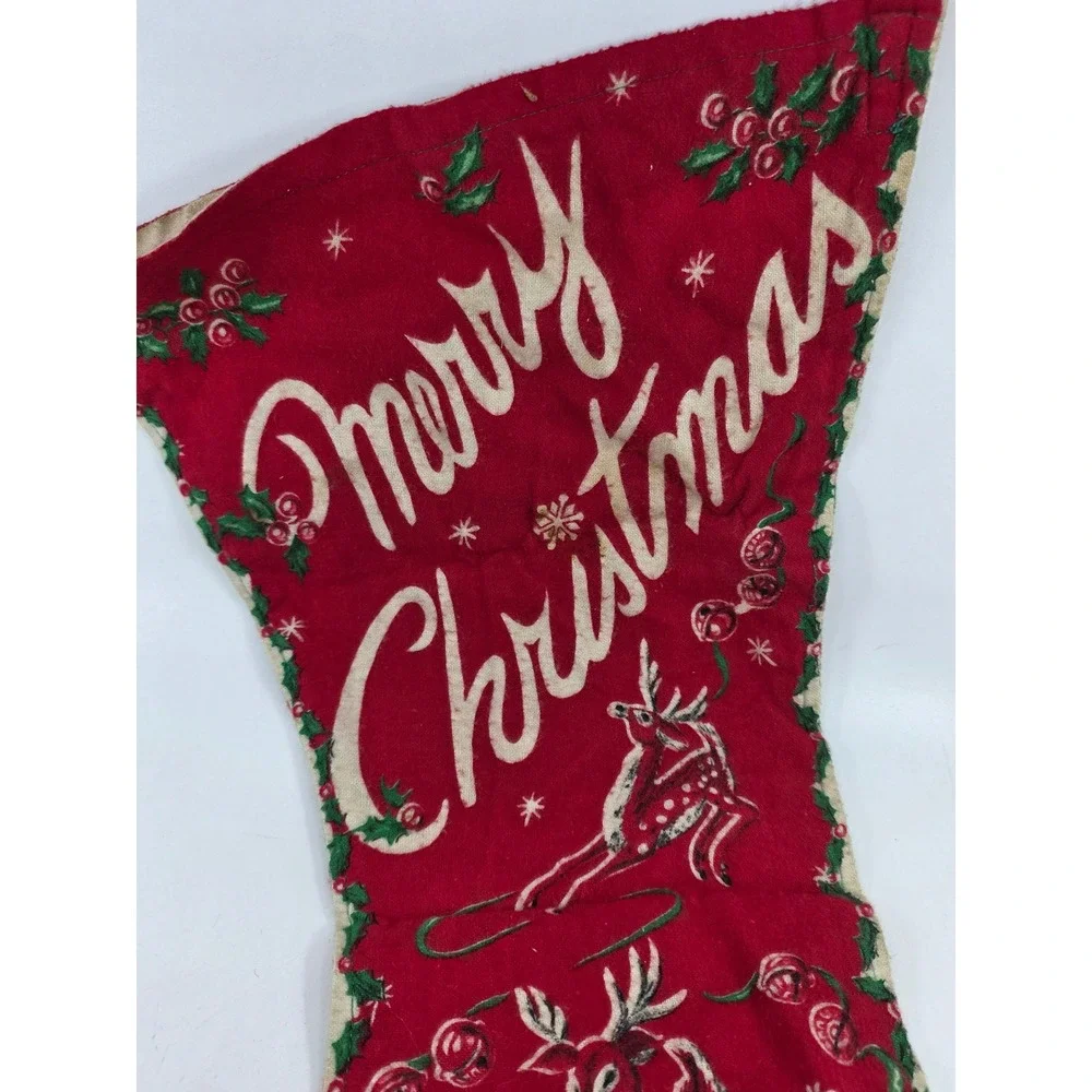 Vintage Mid Century Merry Christmas Stocking Reindeer Santa Kitten Personalized